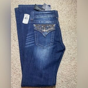 Miss Me Dark Blue Boot Cut Jeans with Embellished Pockets